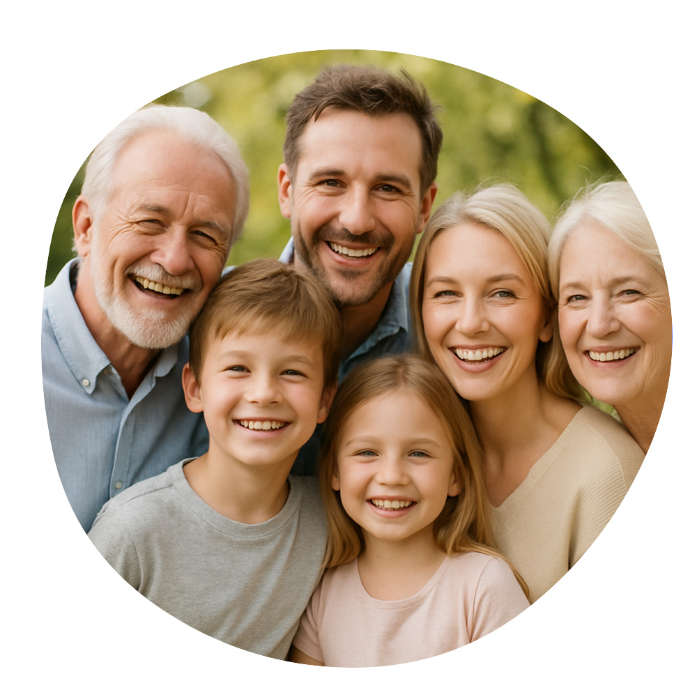 Smiling multi-generational family with grandparents, parents, and two children